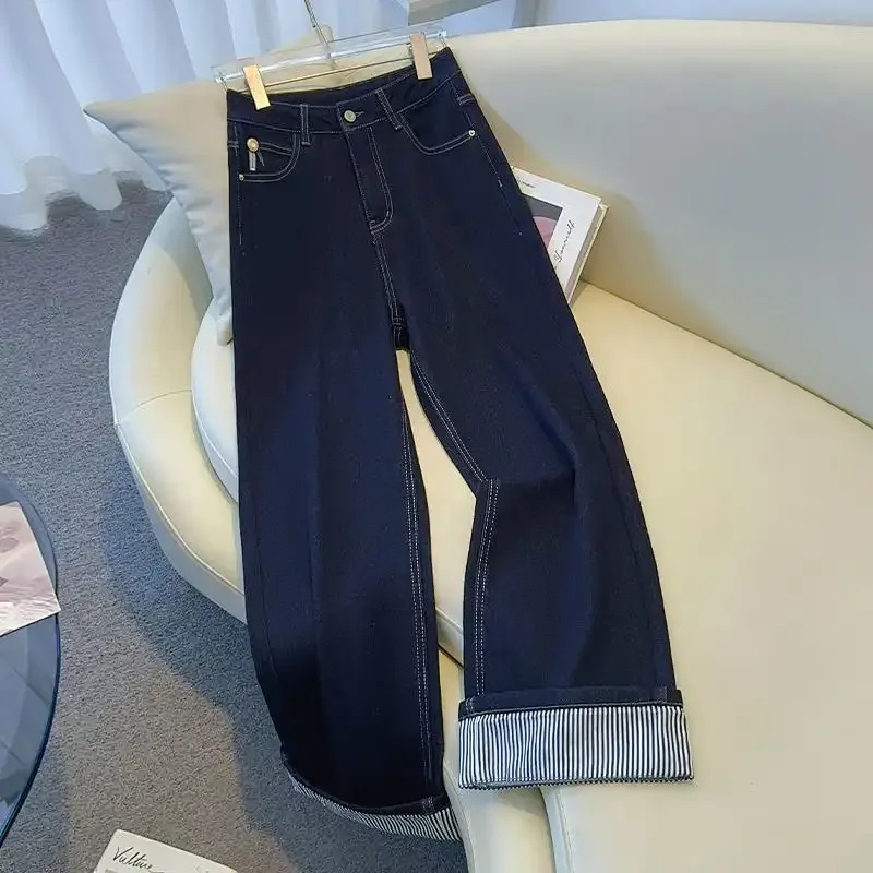 Women's Denim Jeans - Straight Leg with Striped Cuff Detail Classic Five-Pocket Design - Image 5