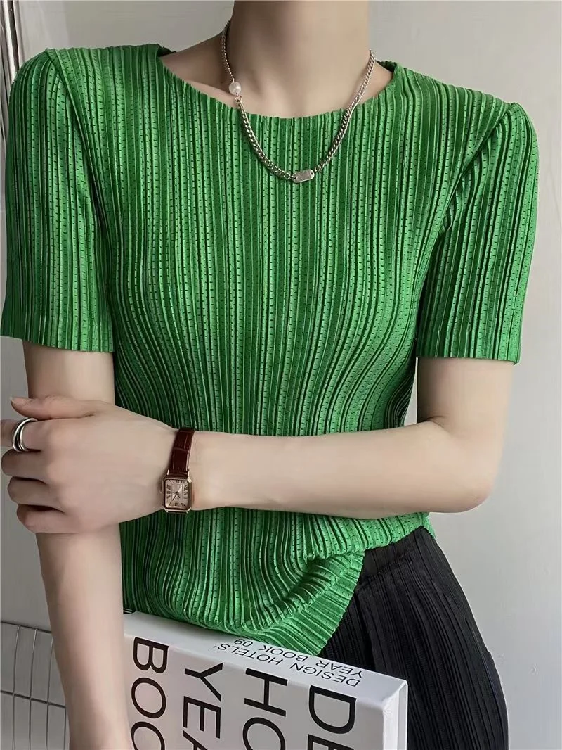 Woman Clothing Top Women Miyake Pleated Short-sleeved Female Summer Thin Elastic Round Neck Joker Slim Pleated Hollow T-shirt - Image 3