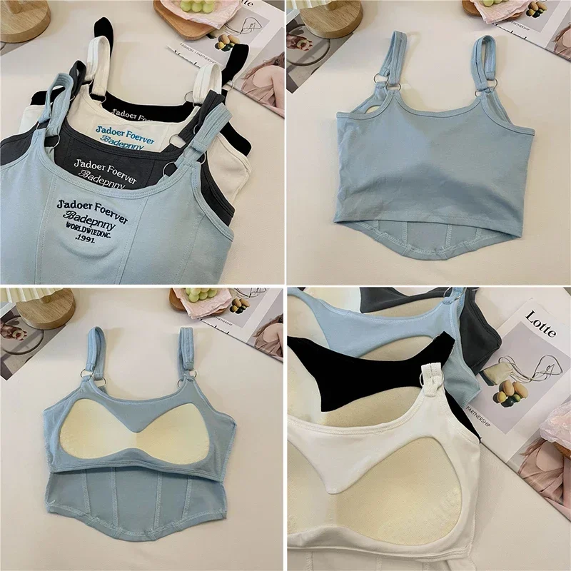 Women Summer Tops Sexy Camisole Square Collar Tank Top Y2k Slveless Female Crop Tops With Pad Fashion Vest Embroidery Letter - Image 5