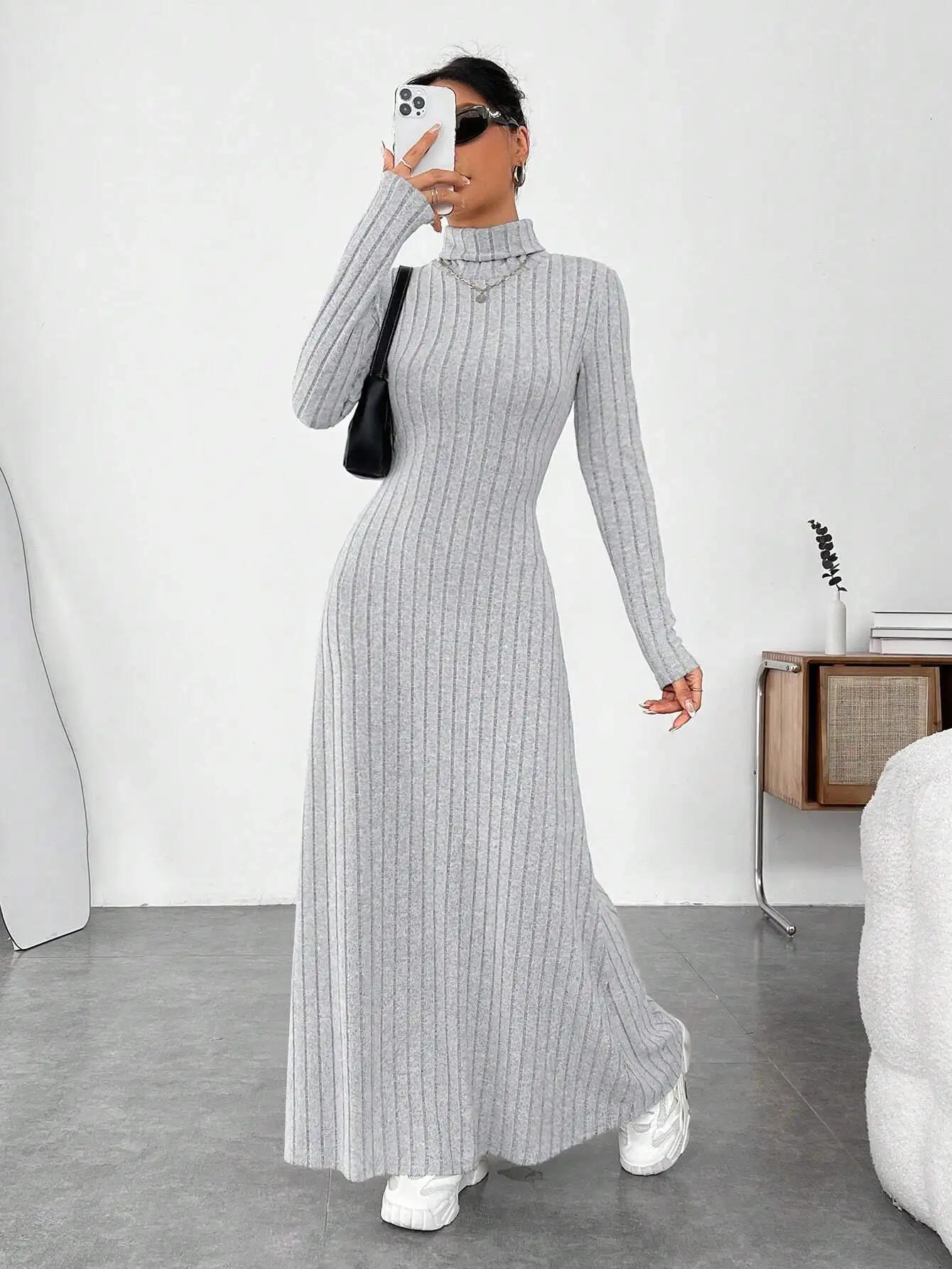Women's Clothing 2025 Autumn/Winter Elegant Slim-Fit Turtleneck Solid Color Sweater Dress - Image 6
