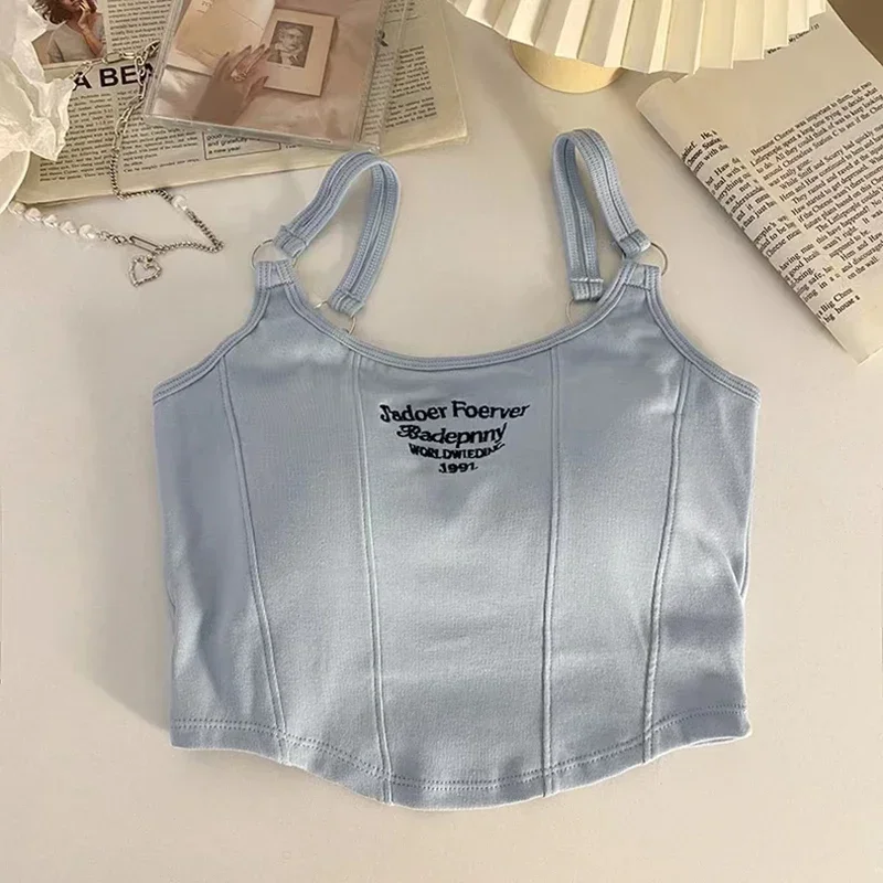 Women Summer Tops Sexy Camisole Square Collar Tank Top Y2k Slveless Female Crop Tops With Pad Fashion Vest Embroidery Letter - Image 9