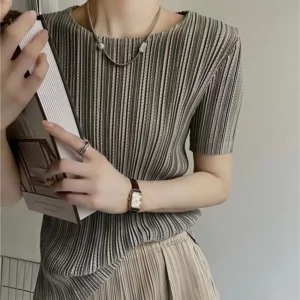 Woman Clothing Top Women Miyake Pleated Short-sleeved Female Summer Thin Elastic Round Neck Joker Slim Pleated Hollow T-shirt