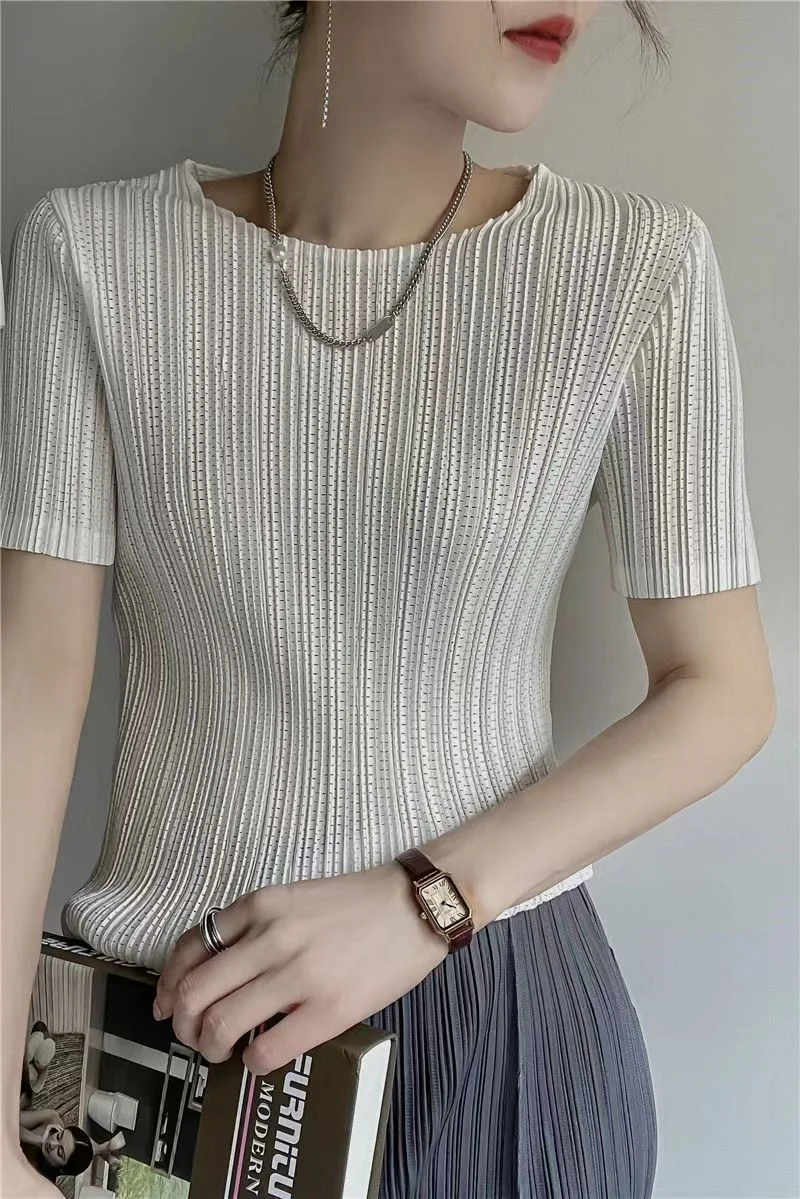 Woman Clothing Top Women Miyake Pleated Short-sleeved Female Summer Thin Elastic Round Neck Joker Slim Pleated Hollow T-shirt - Image 4