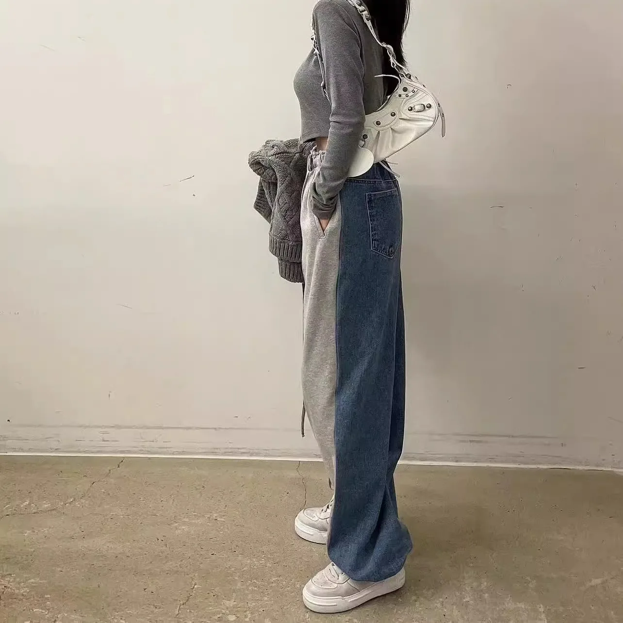 Casual Patchwork Denim Jeans Women Elegant Design Slimming High Waist Drawstring Straight Leg Long Pants Personality Sweatpants - Image 5