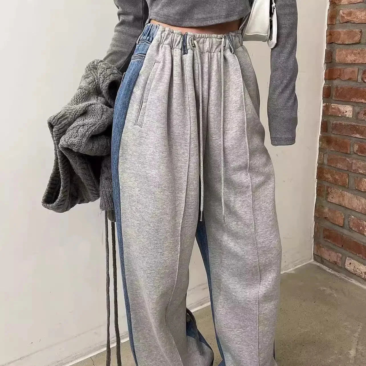 Casual Patchwork Denim Jeans Women Elegant Design Slimming High Waist Drawstring Straight Leg Long Pants Personality Sweatpants - Image 2