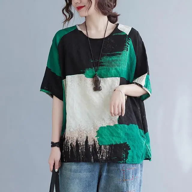 Women Clothing 2025 New Summer Clothing New Style Retro Loose Cotton Linen Short-sleeved T-shirt Top - Image 7