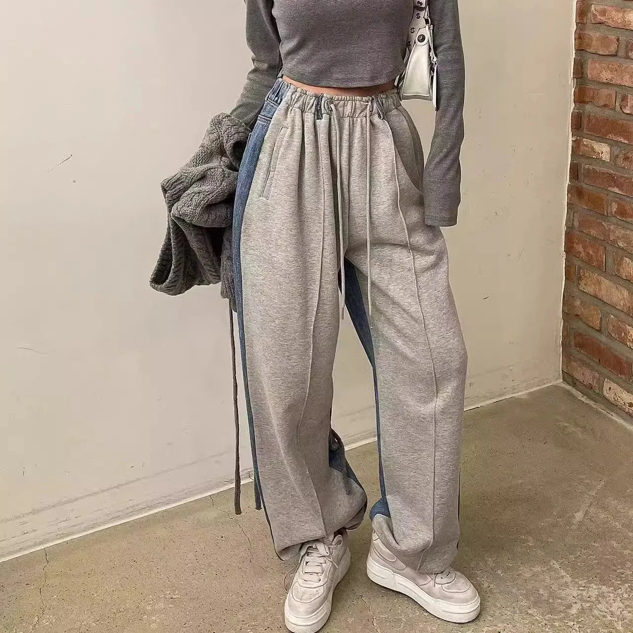 Casual Patchwork Denim Jeans Women Elegant Design Slimming High Waist Drawstring Straight Leg Long Pants Personality Sweatpants - Image 3