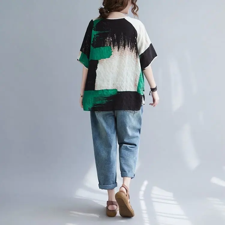 Women Clothing 2025 New Summer Clothing New Style Retro Loose Cotton Linen Short-sleeved T-shirt Top - Image 5
