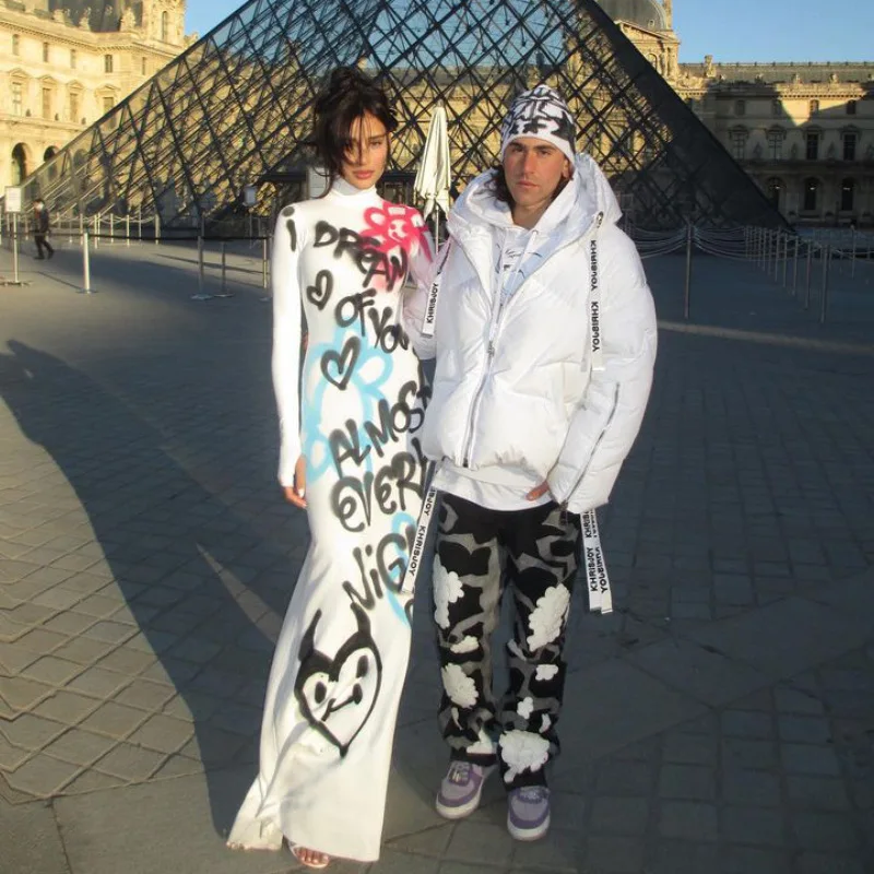 Women's Clothing 2025 New Fashion Fashionable High-neck Color-blocked Graffiti Long-sleeved Hip-hugging Close-fitting Long Dress - Image 3