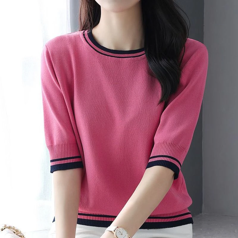 Women's Clothing 2024 Summer Fashion Contrast Color Elegant Sweet Knitted T-shirts Casual O Neck Half Sleeve Loose Pullover Tops - Image 7