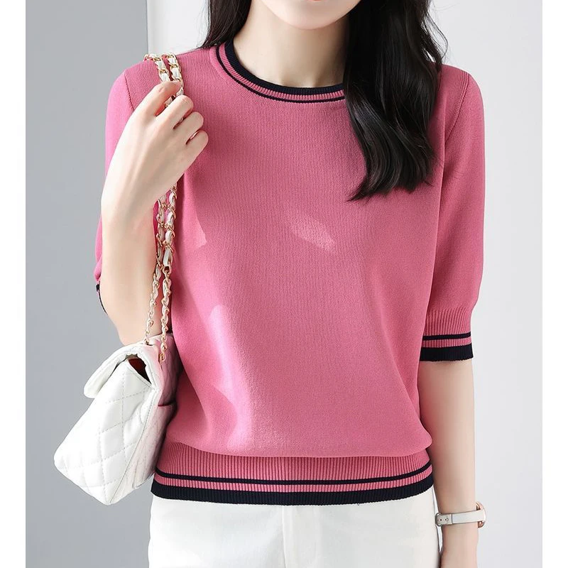 Women's Clothing 2024 Summer Fashion Contrast Color Elegant Sweet Knitted T-shirts Casual O Neck Half Sleeve Loose Pullover Tops - Image 2