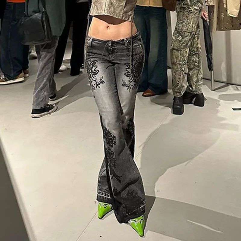 Women's Jeans New American Retro Street Style Plant Print Washed Vintage Low-Rise Flare Pants Trendy Versatile - Image 4