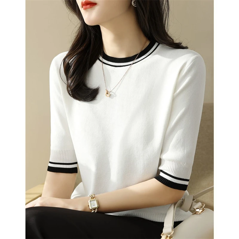 Women's Clothing 2024 Summer Fashion Contrast Color Elegant Sweet Knitted T-shirts Casual O Neck Half Sleeve Loose Pullover Tops - Image 3