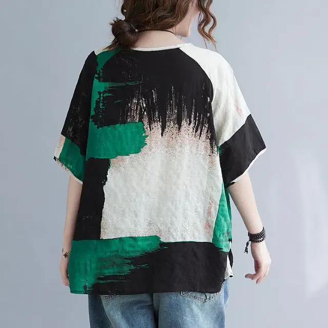 Women Clothing 2025 New Summer Clothing New Style Retro Loose Cotton Linen Short-sleeved T-shirt Top - Image 2