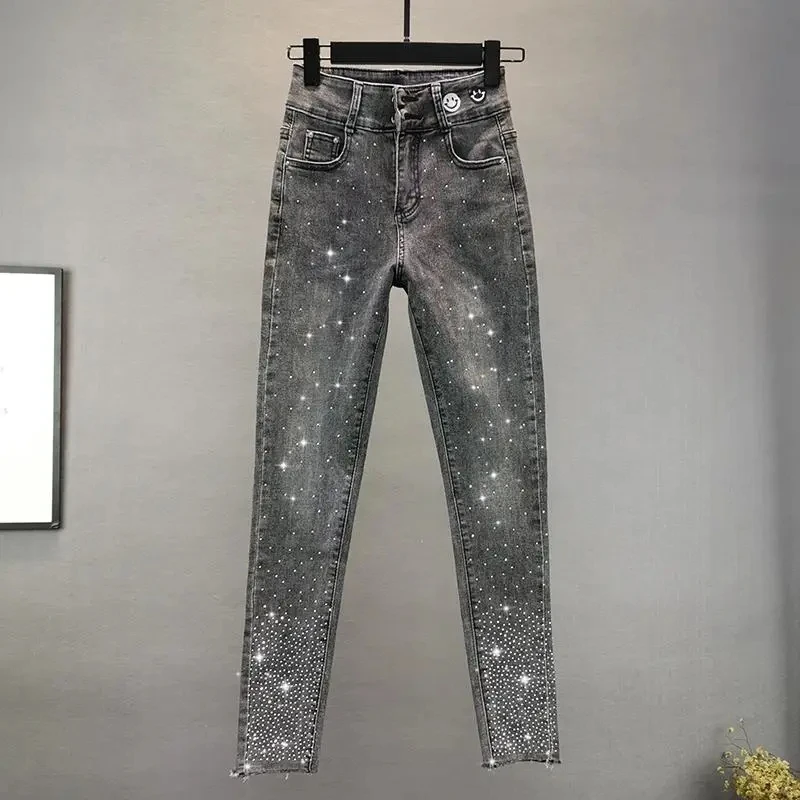 Women's Jeans 2025 Summer New Elastic Slim Heavy Industry Hot Diamond Small Foot Pencil Pants Female Casual Denim Trousers - Image 2
