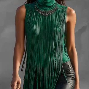 Women Tassel Suede Tank Top Sexy Sleeveless Long Fringe Feminino High Neck T-shirt Vest Tee Blouse Tank Tops Streetwear Top