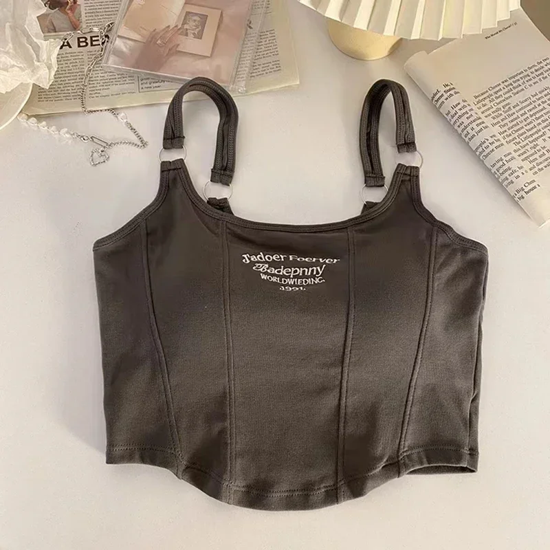 Women Summer Tops Sexy Camisole Square Collar Tank Top Y2k Slveless Female Crop Tops With Pad Fashion Vest Embroidery Letter - Image 8