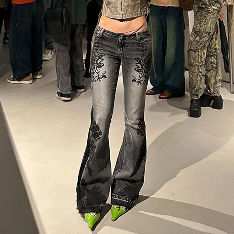 Women's Jeans New American Retro Street Style Plant Print Washed Vintage Low-Rise Flare Pants Trendy Versatile