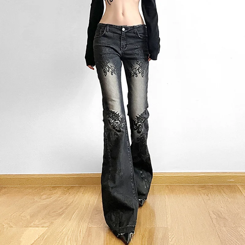 Women's Jeans New American Retro Street Style Plant Print Washed Vintage Low-Rise Flare Pants Trendy Versatile - Image 3