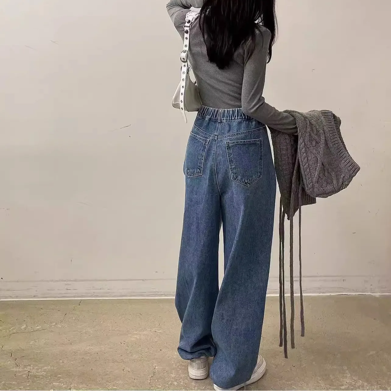Casual Patchwork Denim Jeans Women Elegant Design Slimming High Waist Drawstring Straight Leg Long Pants Personality Sweatpants - Image 4