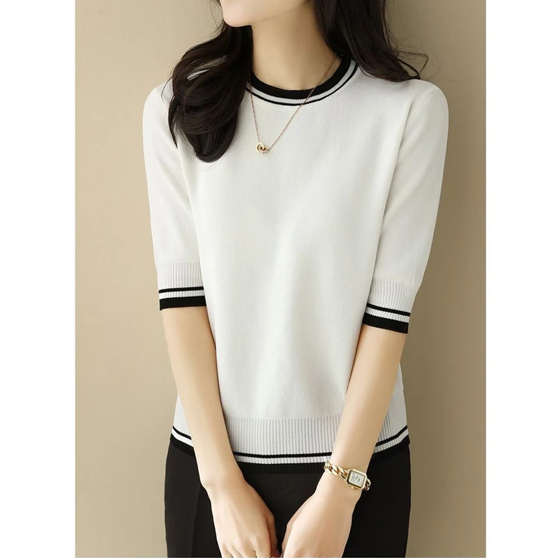 Women's Clothing 2024 Summer Fashion Contrast Color Elegant Sweet Knitted T-shirts Casual O Neck Half Sleeve Loose Pullover Tops - Image 4