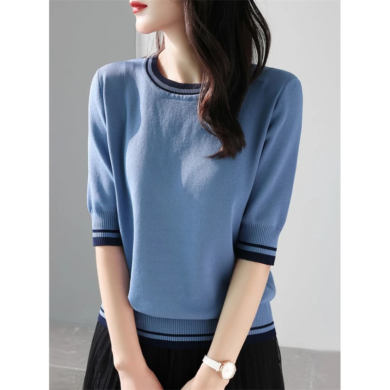 Women's Clothing 2024 Summer Fashion Contrast Color Elegant Sweet Knitted T-shirts Casual O Neck Half Sleeve Loose Pullover Tops - Image 6