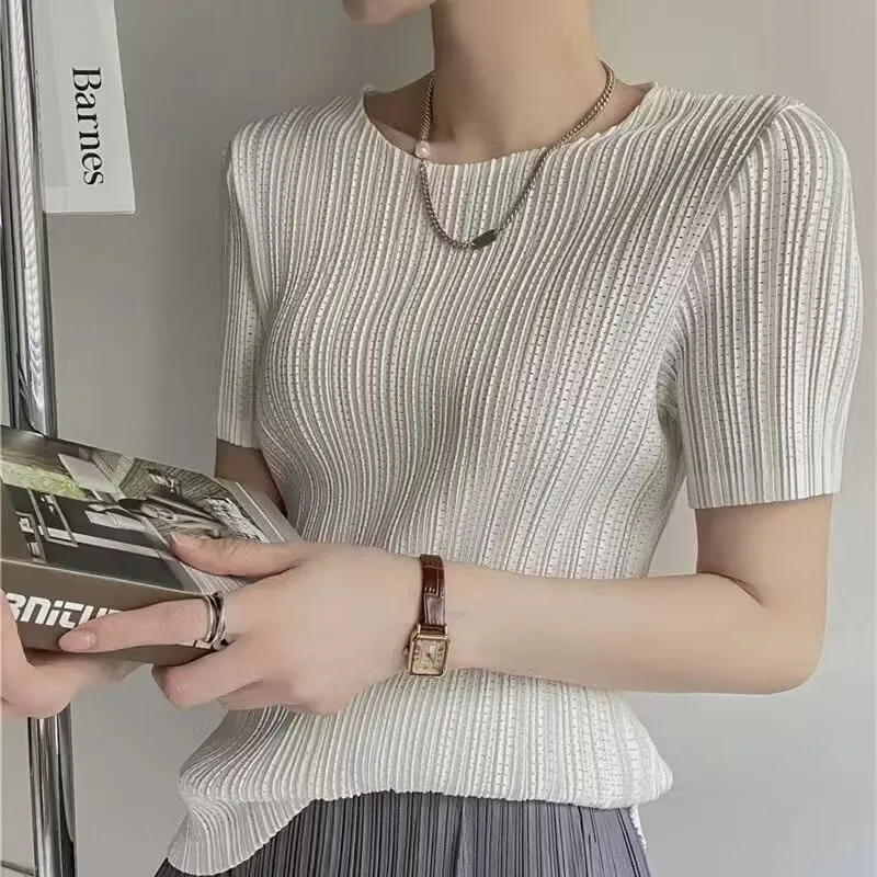 Woman Clothing Top Women Miyake Pleated Short-sleeved Female Summer Thin Elastic Round Neck Joker Slim Pleated Hollow T-shirt - Image 6