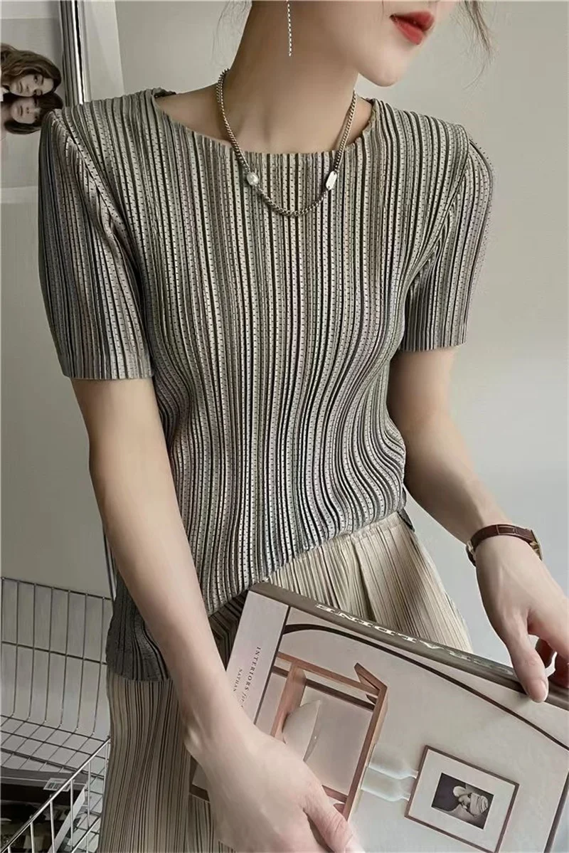 Woman Clothing Top Women Miyake Pleated Short-sleeved Female Summer Thin Elastic Round Neck Joker Slim Pleated Hollow T-shirt - Image 2