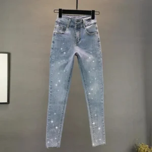 Women's Jeans 2025 Summer New Elastic Slim Heavy Industry Hot Diamond Small Foot Pencil Pants Female Casual Denim Trousers