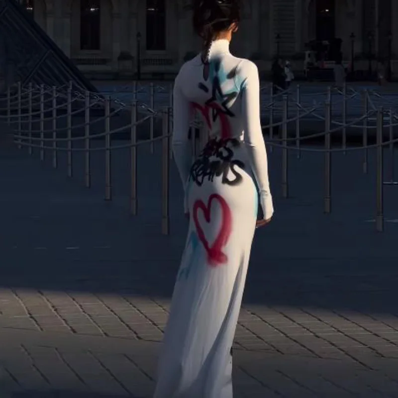 Women's Clothing 2025 New Fashion Fashionable High-neck Color-blocked Graffiti Long-sleeved Hip-hugging Close-fitting Long Dress - Image 4