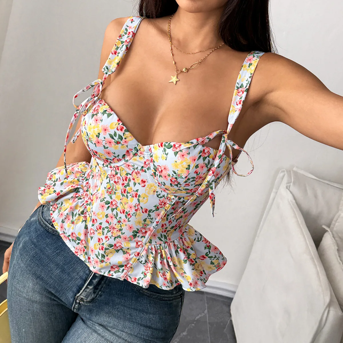 Women Floral Print Summer Tank Tops Tie Shoulder Ruffle Hem Lace Up Boned Bustier Corset Top Y2K Going Out Night Club Party Tops - Image 7
