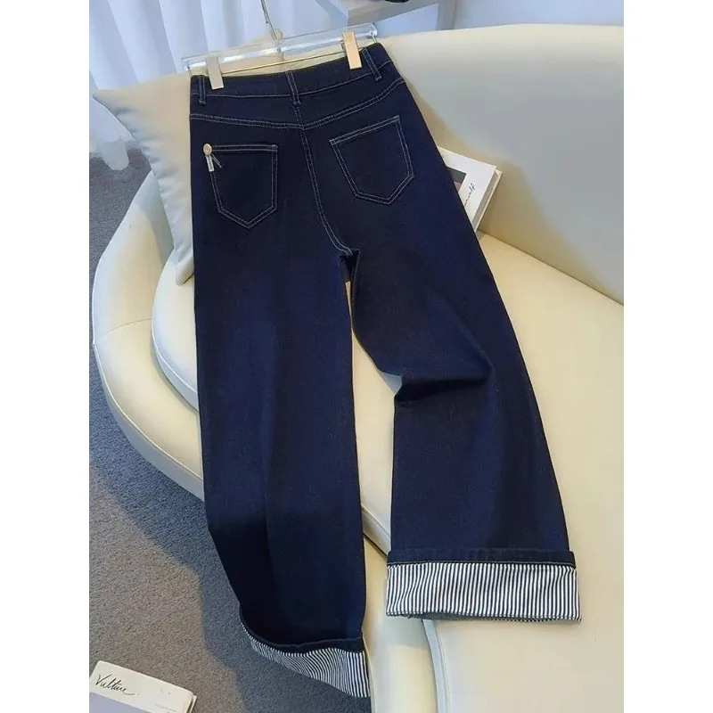 Women's Denim Jeans - Straight Leg with Striped Cuff Detail Classic Five-Pocket Design - Image 2