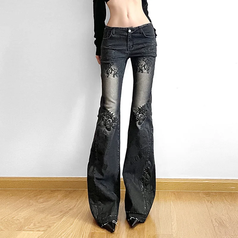 Women's Jeans New American Retro Street Style Plant Print Washed Vintage Low-Rise Flare Pants Trendy Versatile - Image 2