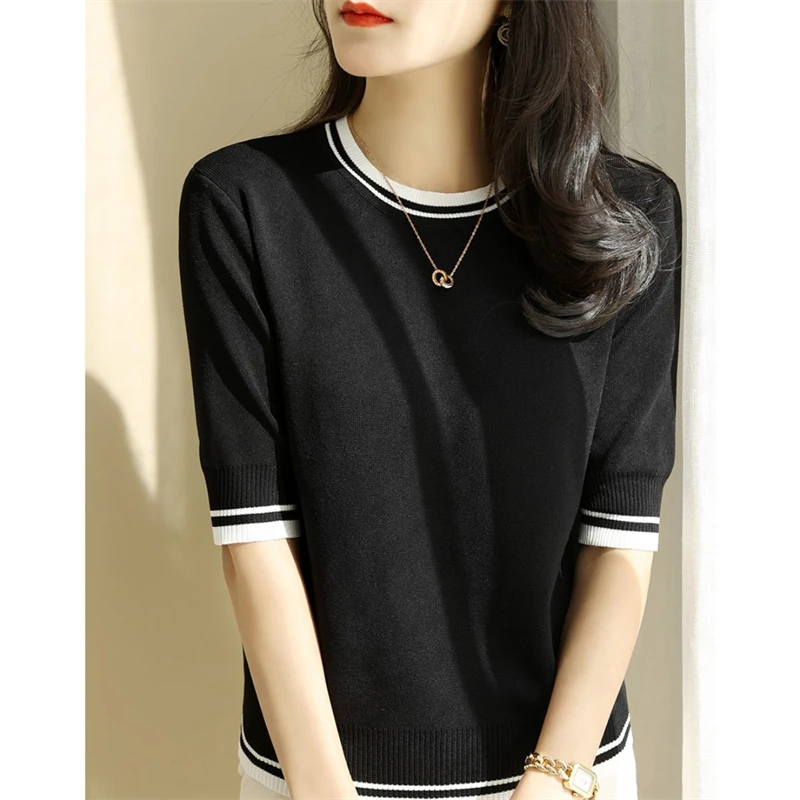 Women's Clothing 2024 Summer Fashion Contrast Color Elegant Sweet Knitted T-shirts Casual O Neck Half Sleeve Loose Pullover Tops - Image 5