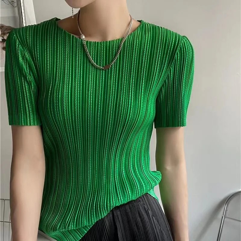 Woman Clothing Top Women Miyake Pleated Short-sleeved Female Summer Thin Elastic Round Neck Joker Slim Pleated Hollow T-shirt - Image 5