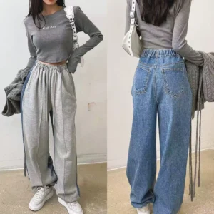 Casual Patchwork Denim Jeans Women Elegant Design Slimming High Waist Drawstring Straight Leg Long Pants Personality Sweatpants