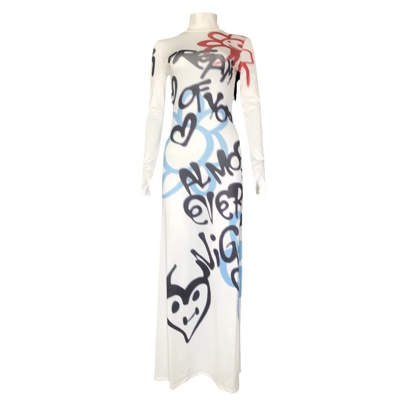 Women's Clothing 2025 New Fashion Fashionable High-neck Color-blocked Graffiti Long-sleeved Hip-hugging Close-fitting Long Dress - Image 6