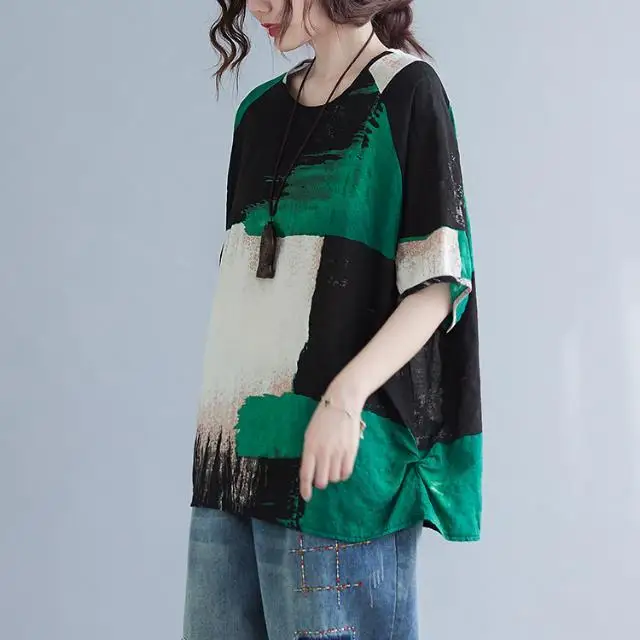 Women Clothing 2025 New Summer Clothing New Style Retro Loose Cotton Linen Short-sleeved T-shirt Top - Image 3
