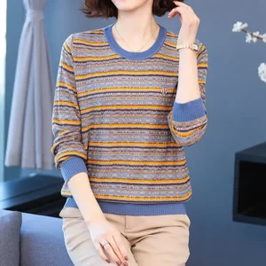 Women's Clothing 2022 Autumn Winter Vintage Striped Spliced Loose Knitted Sweaters Fashion O-Neck Casual Jumpers T-shirt Female