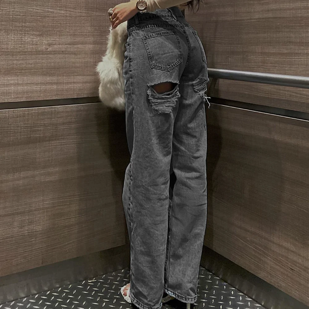 Women's Jeans Trend High-Waisted Distressed Skinny Straight-Leg Jeans Solid Color Distressed Finish Button-Fly Zipper Trousers - Image 5